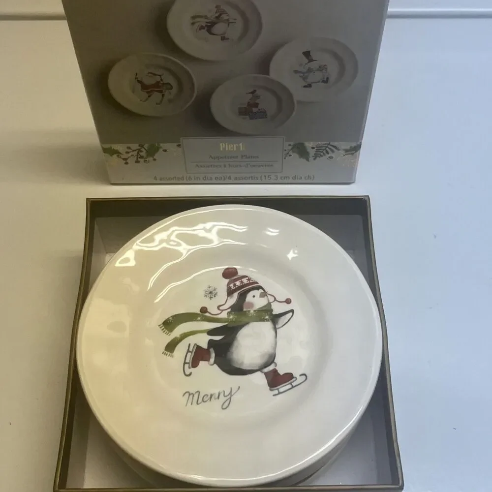 Pier 1 Imports Set Of (4) Christmas Appetizer Plates 6” NEW In Box